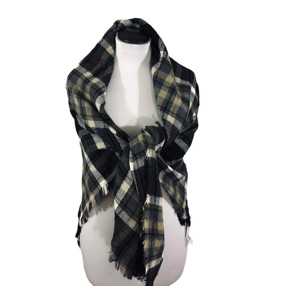 Kohl's Womens Large Gray Brown Black White Plaid Acrylic Scarf/Wrap